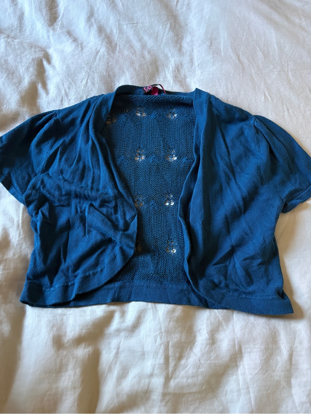 XOXO Teal Blue Short-Sleeve Open Knit Cardigan